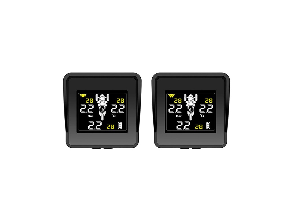 2 sistemas inalámbricos y solares de monitorización de la presión de los neumáticos para motocicletas con pantalla LCD y 3 sensores externos (TPMS)