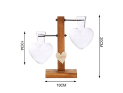 Jarrón de vidrio hidropónico con forma de corazón y marco de madera