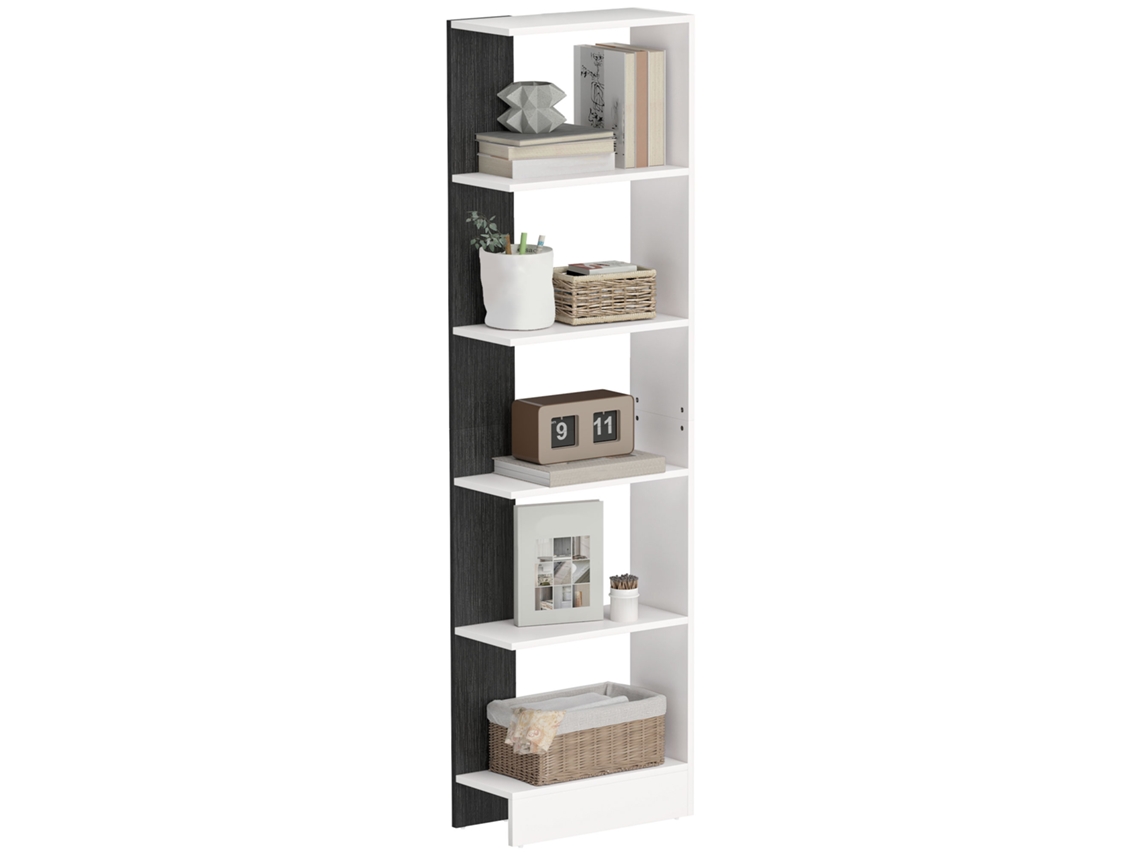 Librería Moderna De Madera De 5 Niveles Que Ahorra Espacio, 45x21x170 Cm, Blanco Y Negro.