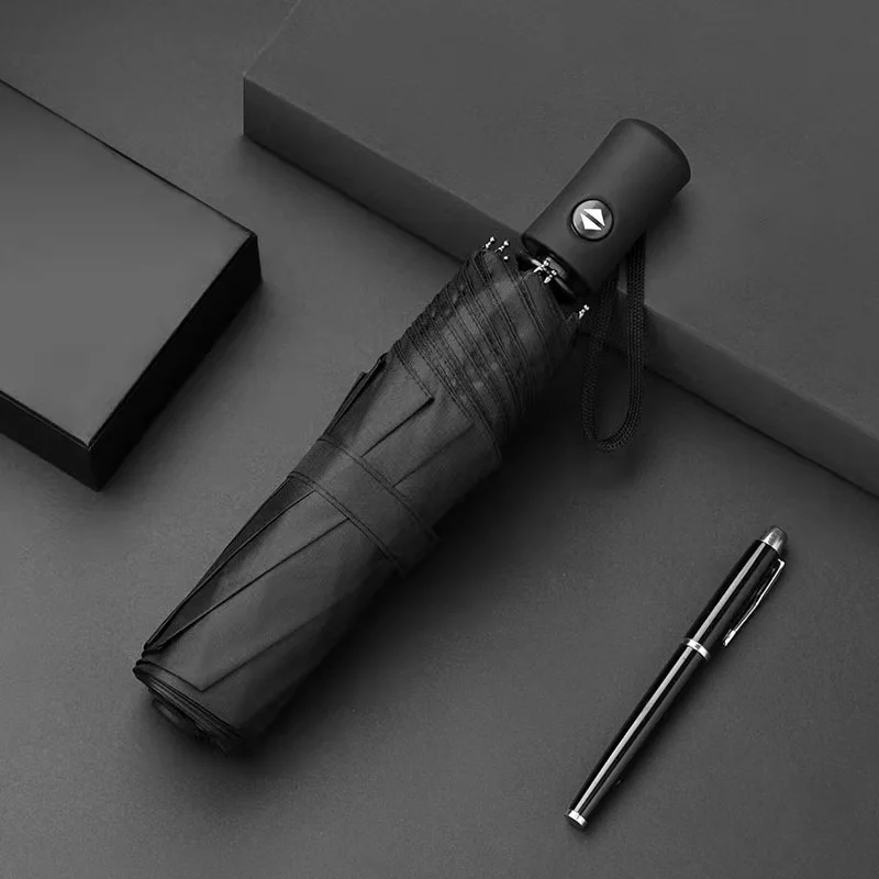 Paraguas Plegable Autoadhesivo Negro De Gran Tamaño Para Negocios, Totalmente Automático Y De Tres Pliegues.