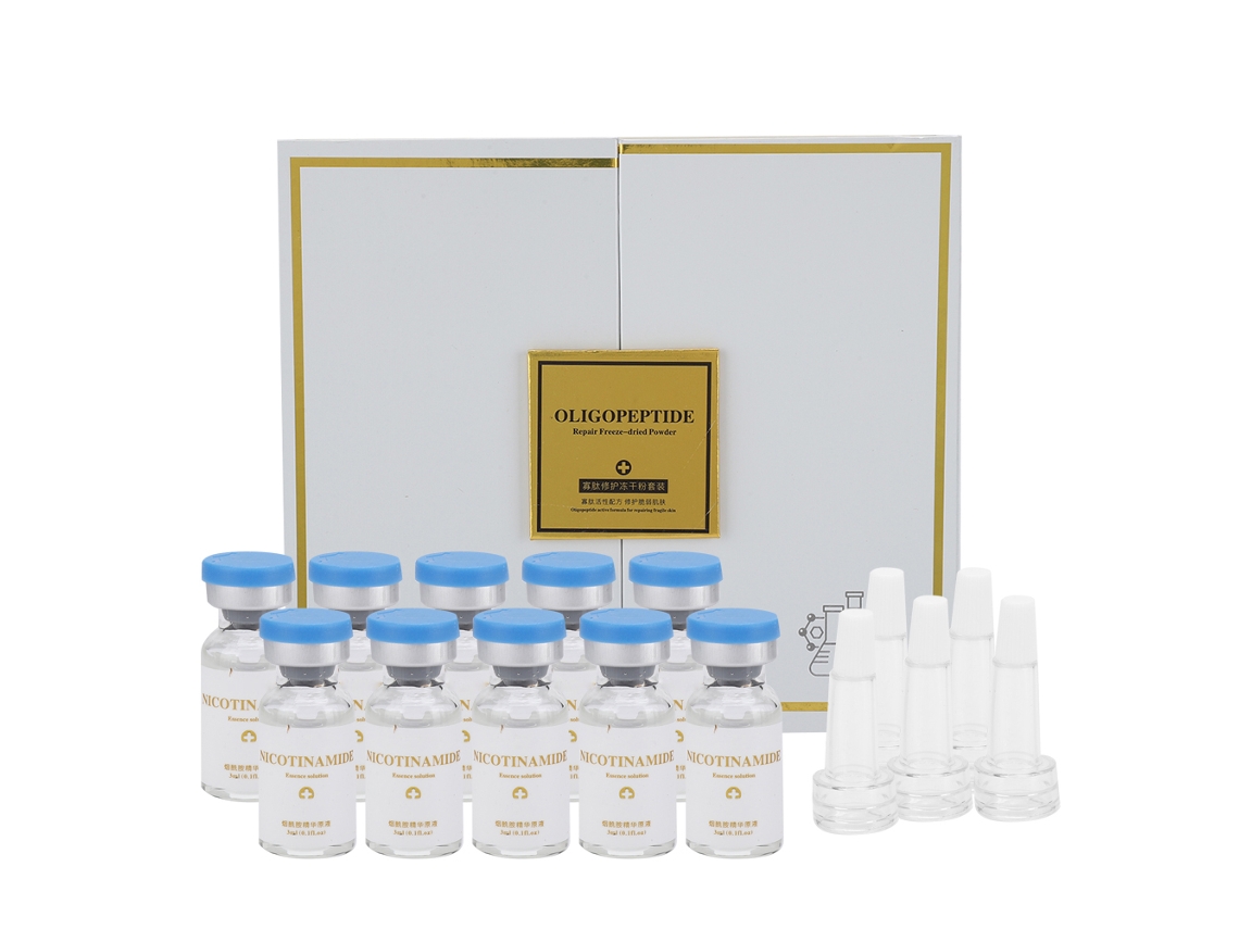 Sérum en polvo liofilizado con oligopéptidos y niacinamida para eliminar el acné y reducir la flacidez de la piel.