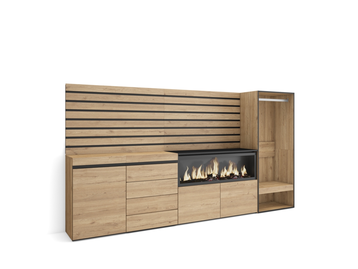 Aparador, Buffet | Amplio espacio de almacenaje | 274x145x35 cm | Para dormitorio | Chimenea eléctrica XXL | Cómoda | Armario abierto | Roble Duérmete Online