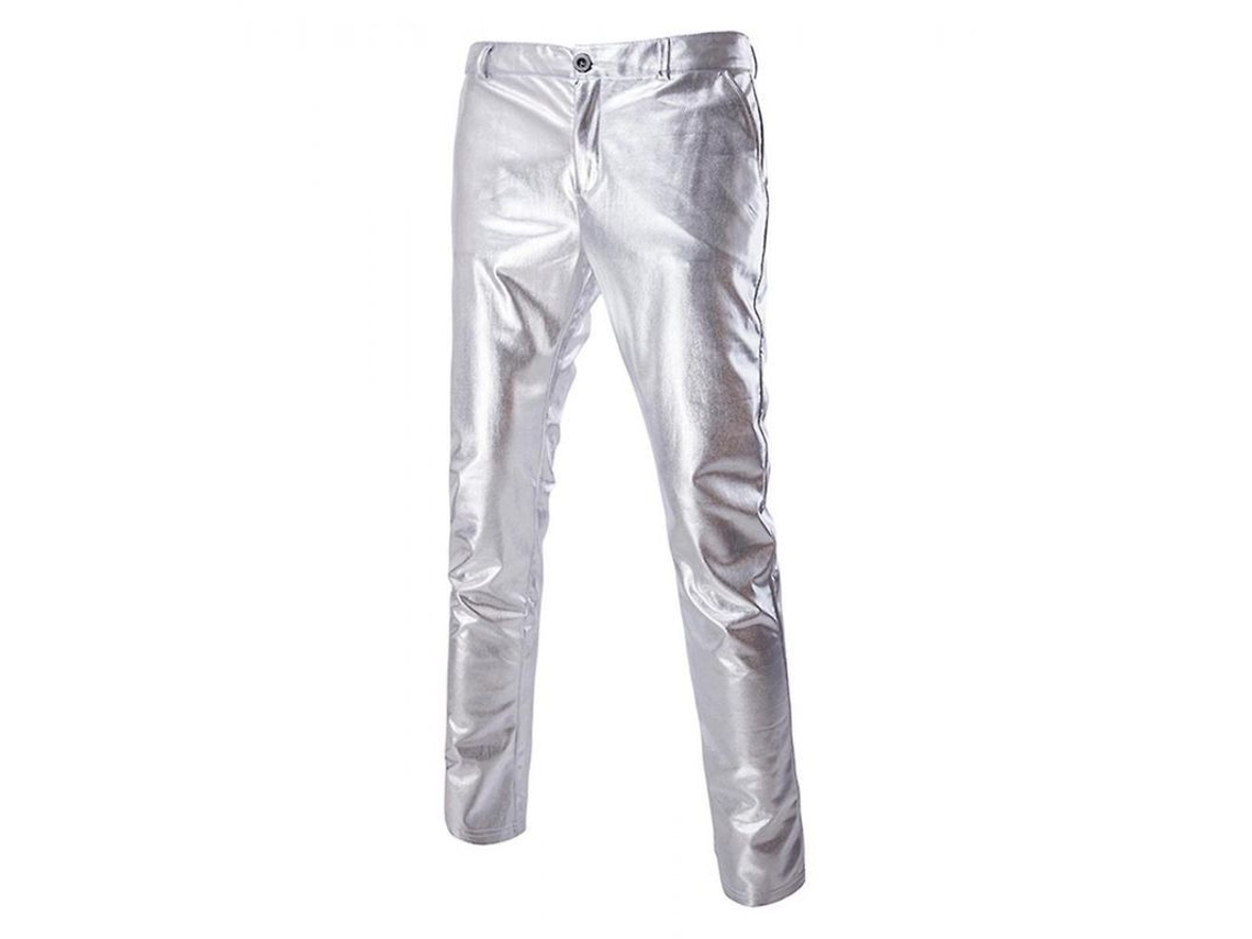 2026-pantalones De Cuero Casual De Cintura Media Bronceado Brillante Para Hombres Owd Xl Plata