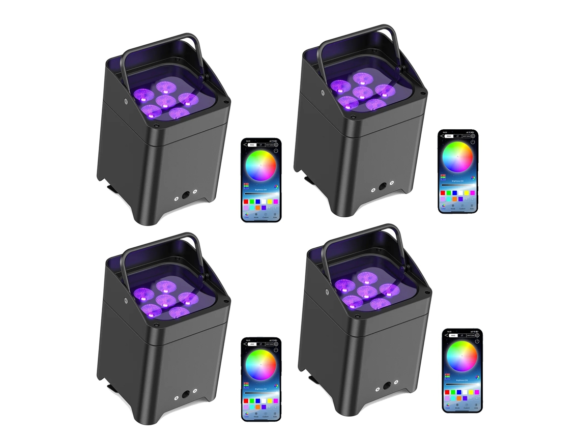 Foco de escenario, control inalámbrico, LED RGBWA+UV, 4 unidades, enchufe europeo.