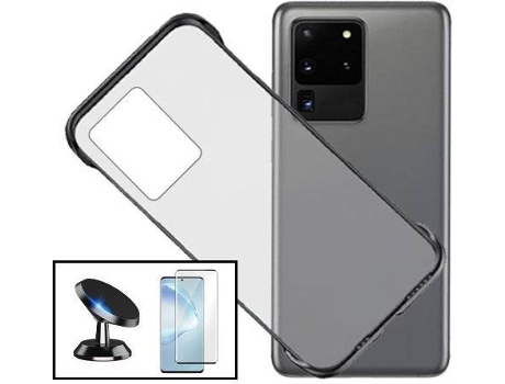 Carcasa + Protector + Soporte Samsung Galaxy S20 Ultra PHONECARE Invisible Bumper Transparente, Negro