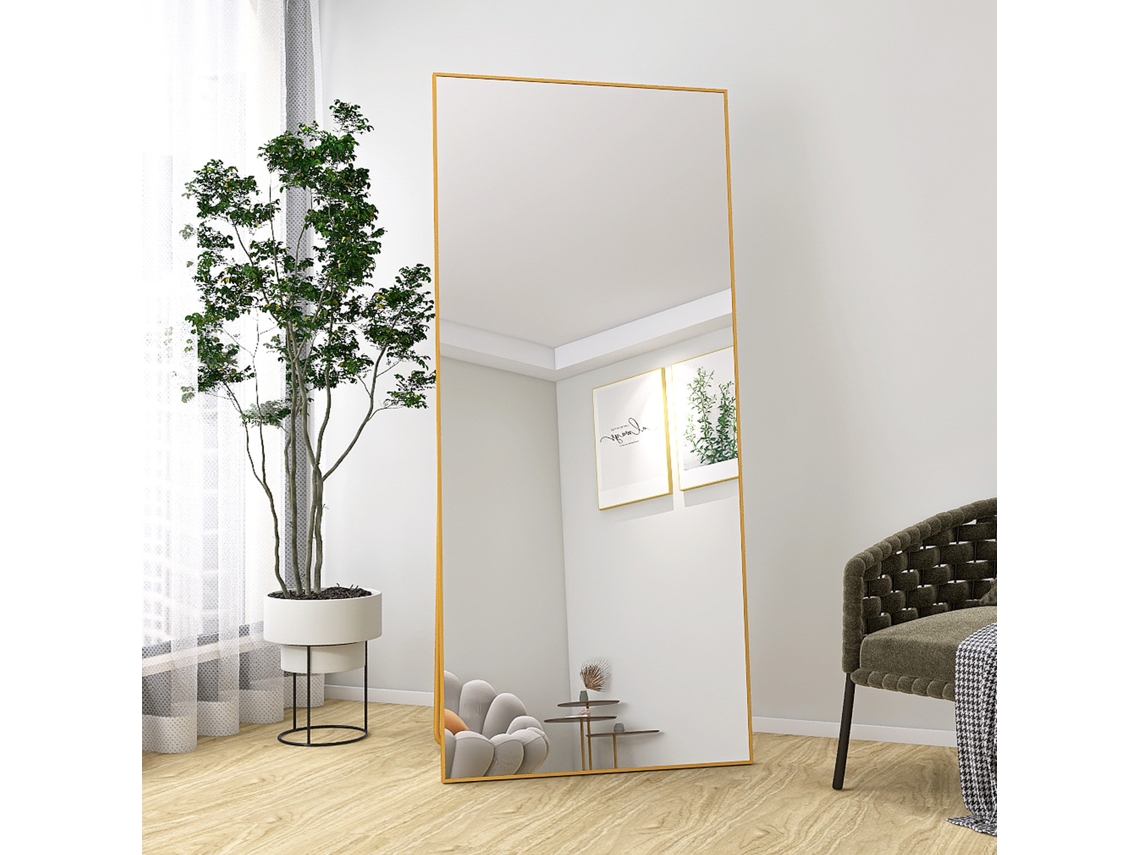Espejo gigante de cuerpo entero de 180x80 cm, XXL dorado para suelo con marco de aluminio y cristal templado, espejo de armario decorativo de lujo.