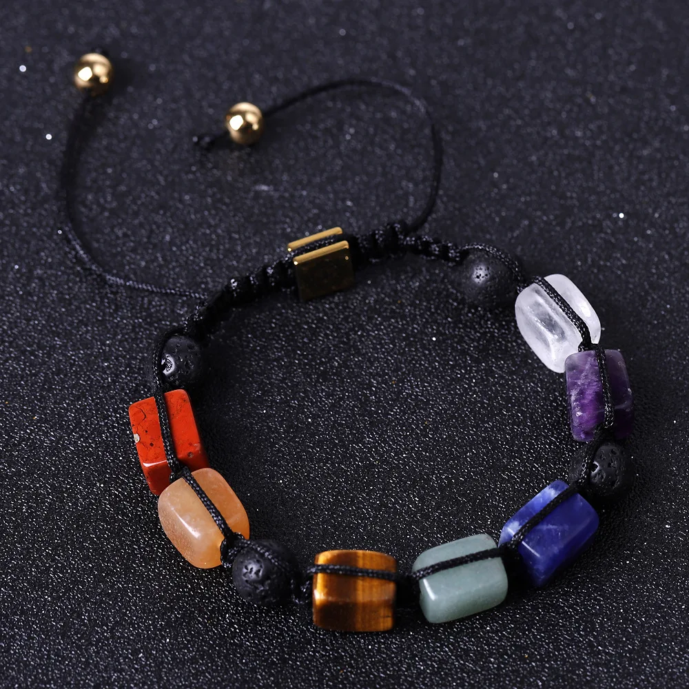 Pulsera de yoga tejida a mano con el Árbol de la Vida de los Siete Chakras, en piedra de lava natural. MDUG (color 1)