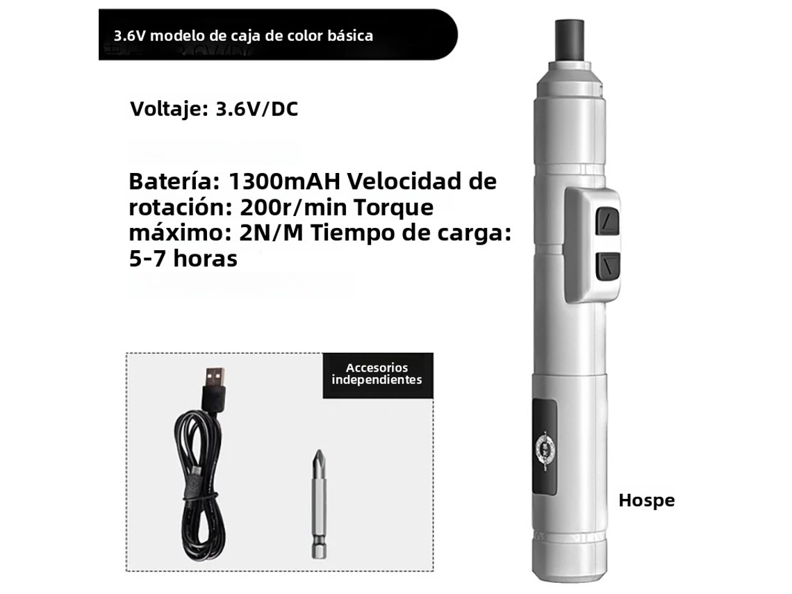 Mini Destornillador Eléctrico Inalámbrico (modelo Básico Blanco), Recargable Por Usb, 3,6 V, 200 Rpm, Batería Incluida.