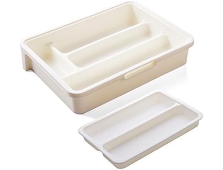 Bandeja de cajón 3 en 1 Organizador de almacenamiento de utensilios extensible Soporte de vajilla de plástico para cubiertos Entretenimiento y más ...