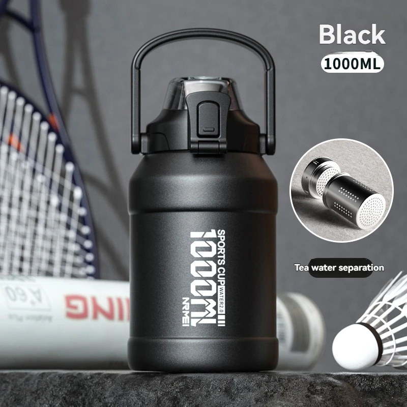 Termo De Acero Inoxidable 316 (negro, 1000 Ml), Con Pajita Y Asa, Gran Capacidad.