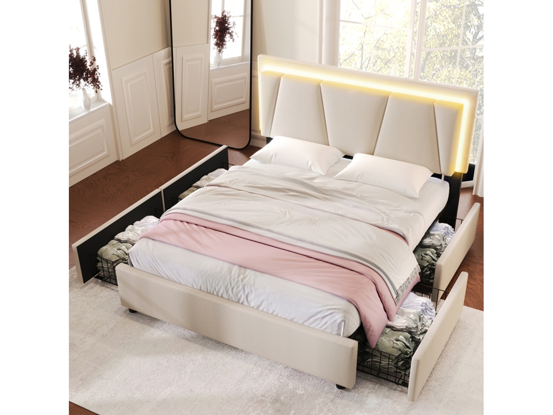 Cama Doble De 140x200 Cm, Color Beige, Con Iluminación Led, 4 Cajones Ajustables.