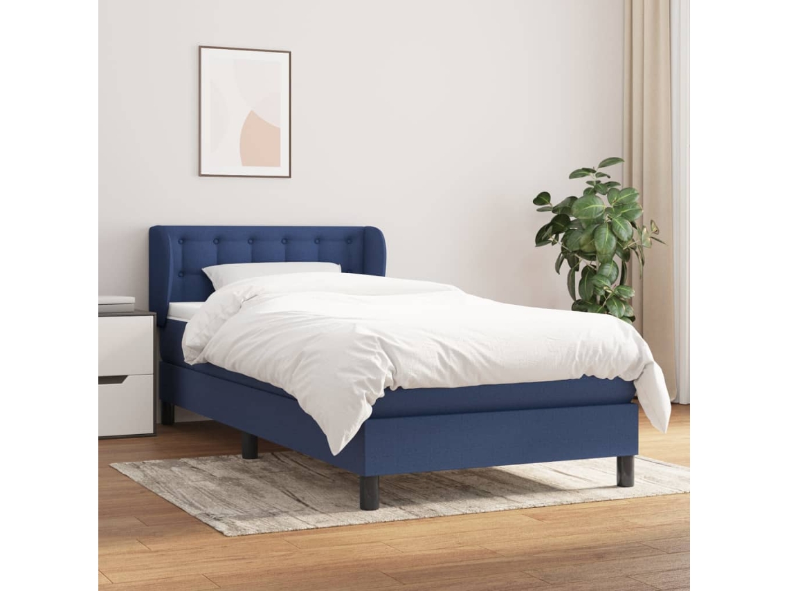 Cama Box Spring Con Colchón Tela Azul 90x200 Cm