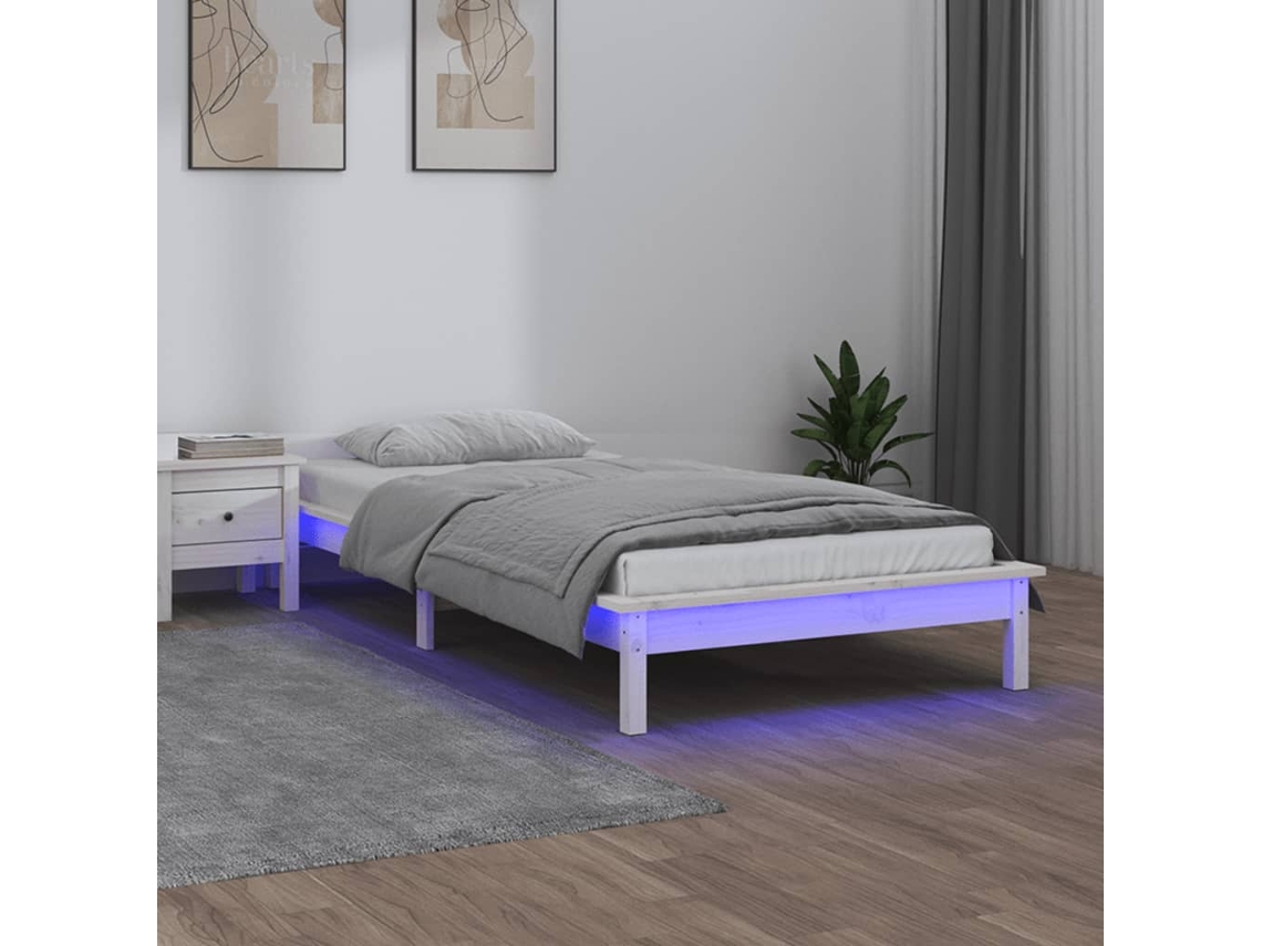 Estructura Cama Led Sin Colchón Madera Maciza Blanco 100x200 Cm