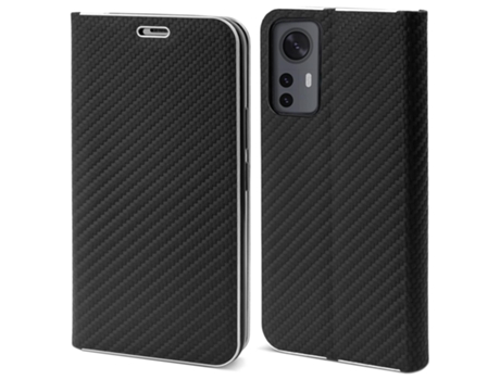 Funda Cartera MOOZY para Xiaomi 12 y Xiaomi 12X Carbono Negro – Funda Abatible con Diseño de Borde Metálico Cierre Magnético Funda Abatible con Sop...