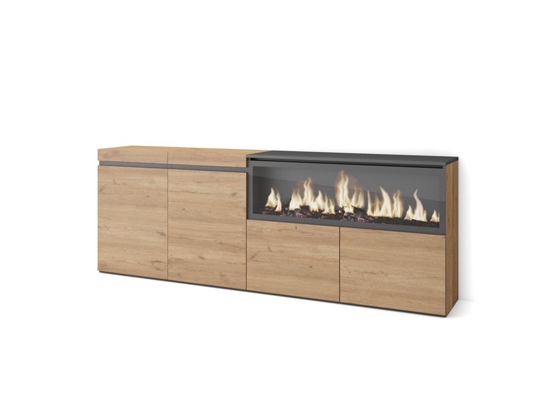 Aparadores para salón, 210, 4 Puertas, Chimenea eléctrica XXL, Roble SKRAUT HOME