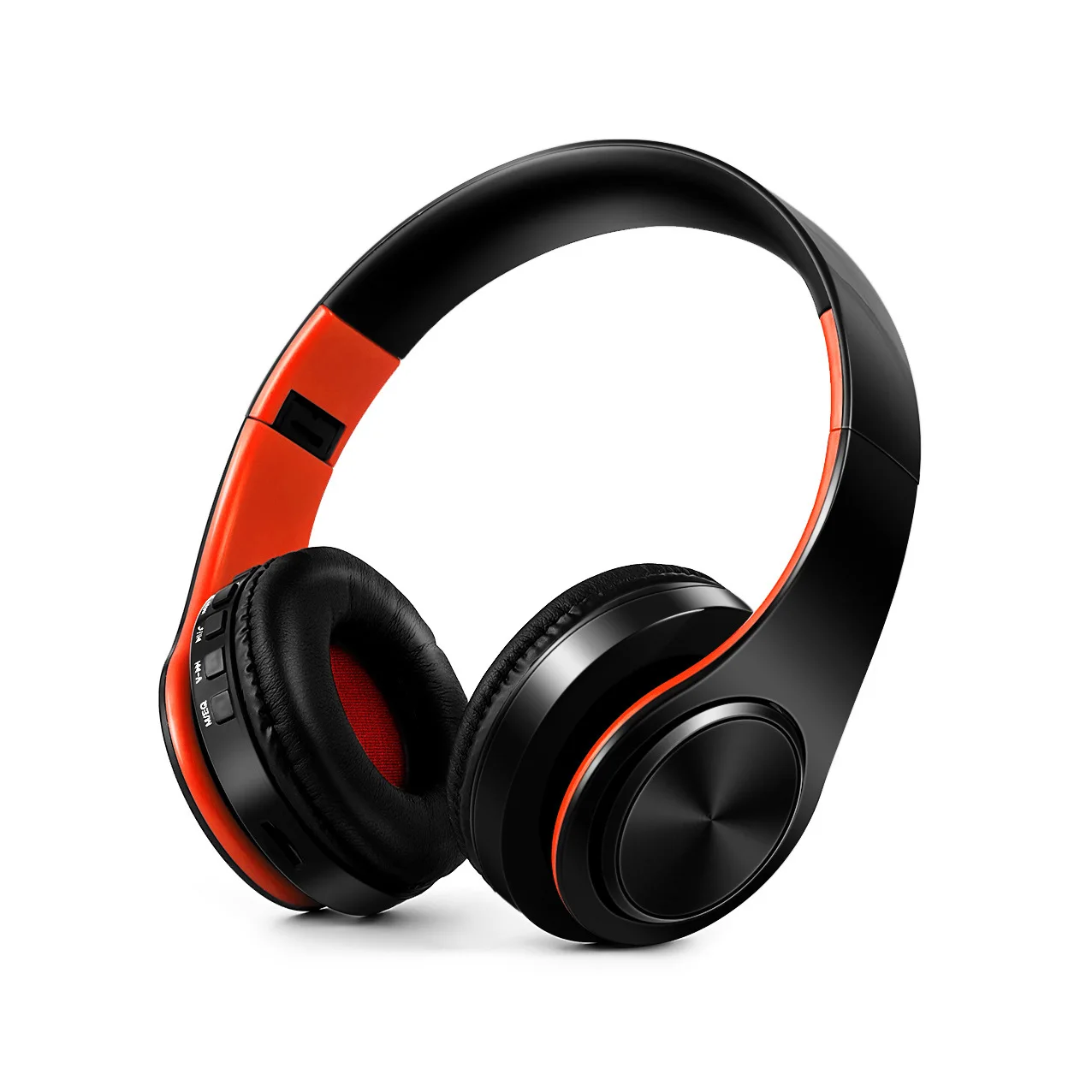 Auriculares estéreo inalámbricos Bluetooth (negros y naranjas) con micrófono incorporado.