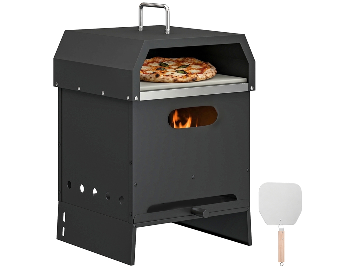 Horno de pizza de leña 3 en 1 con revestimiento exterior de piedra refractaria, pala y asas.