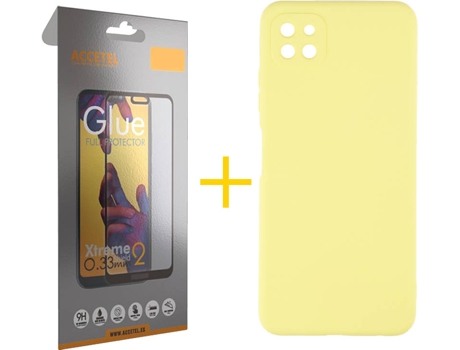 Funda y Protector de Vidrio Full Samsung Galaxy A22 5G ACCETEL Silicona Líquida Amarillo