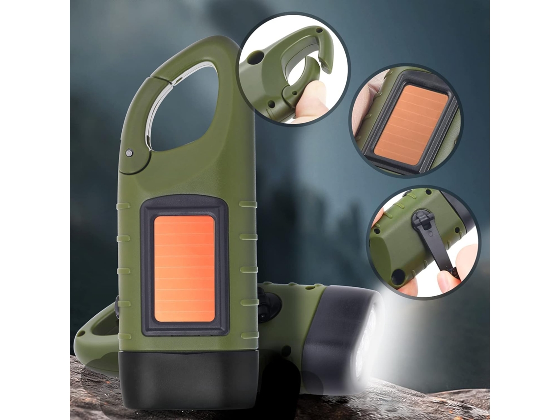 Linterna LED recargable manual, con energía solar, color verde militar, ABS. Tommy01