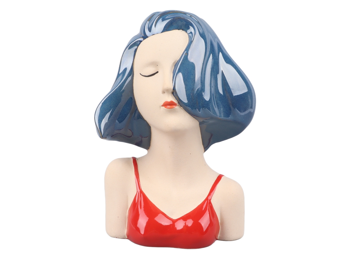 Jarrón de cerámica Baok con rostro de niña, escultura decorativa moderna para sala de estar, dormitorio y oficina, color azul.