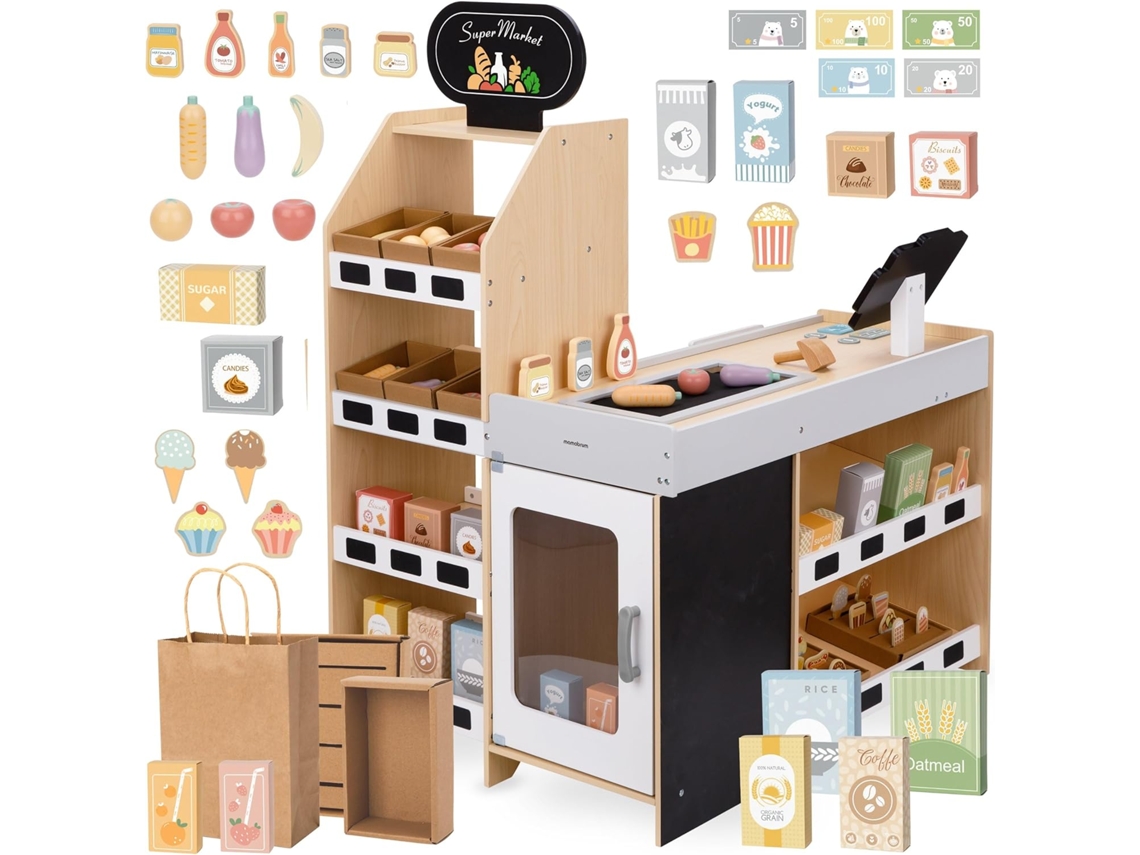Puesto De Mercado De Madera Para Niños Con Accesorios Y Caja Registradora, Tienda 3+ Años