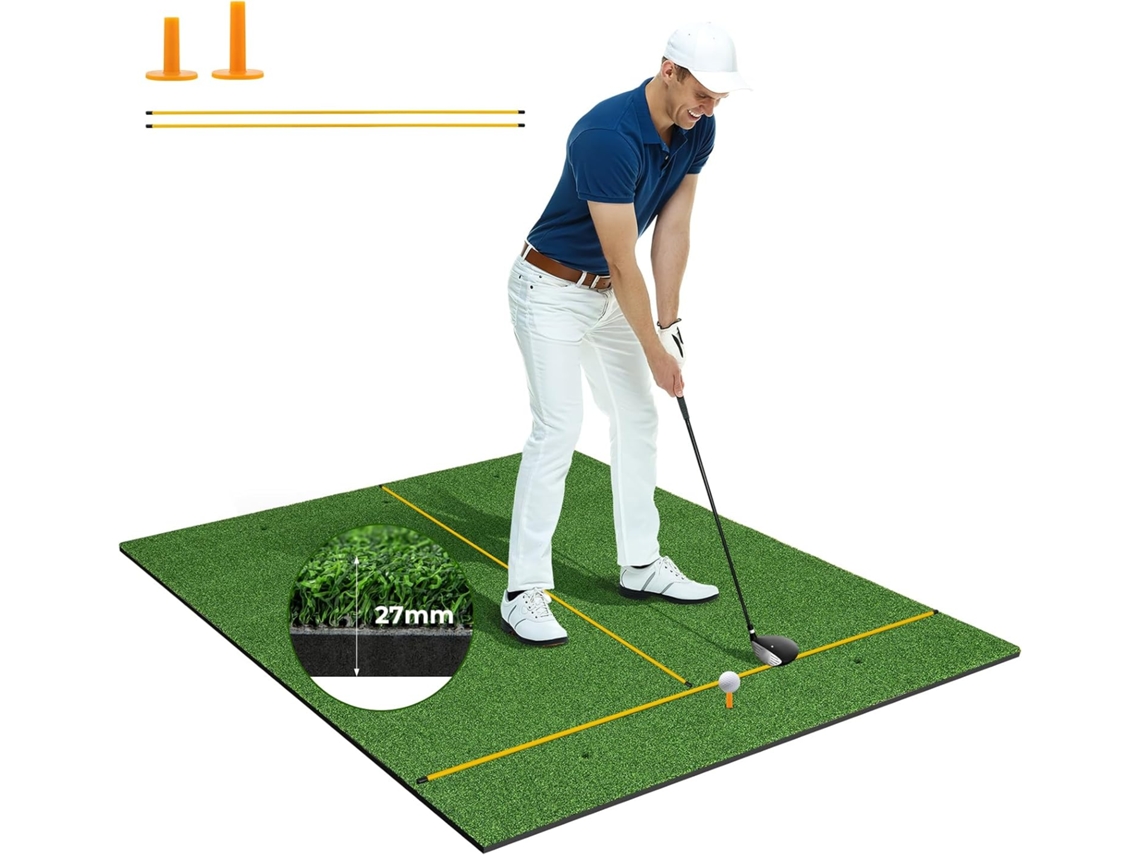 Tapete de golf 3 en 1 Tapete de golf de césped sintético 2 asientos de golf/2 varillas de posicionamiento 3 asientos perforados COSTWAY