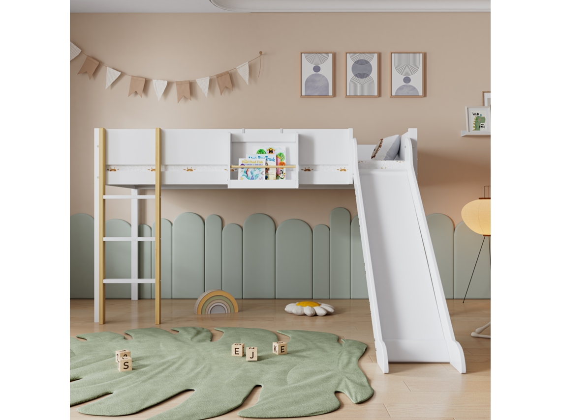 Cama alta de 90x200 cm en pino y MDF con estante extraíble, escalera y tobogán estilo blanco