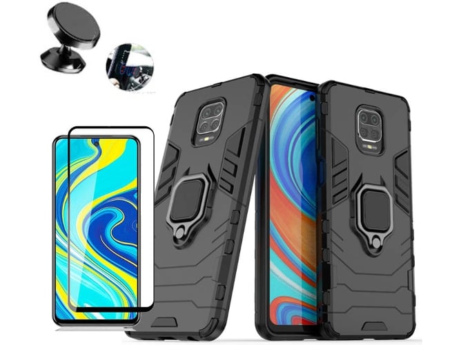 Kit Funda, Soporte y Protector de Cristal Templado Xiaomi Redmi Note 9 Pro Military Defender 3x1 Anti-Impacto