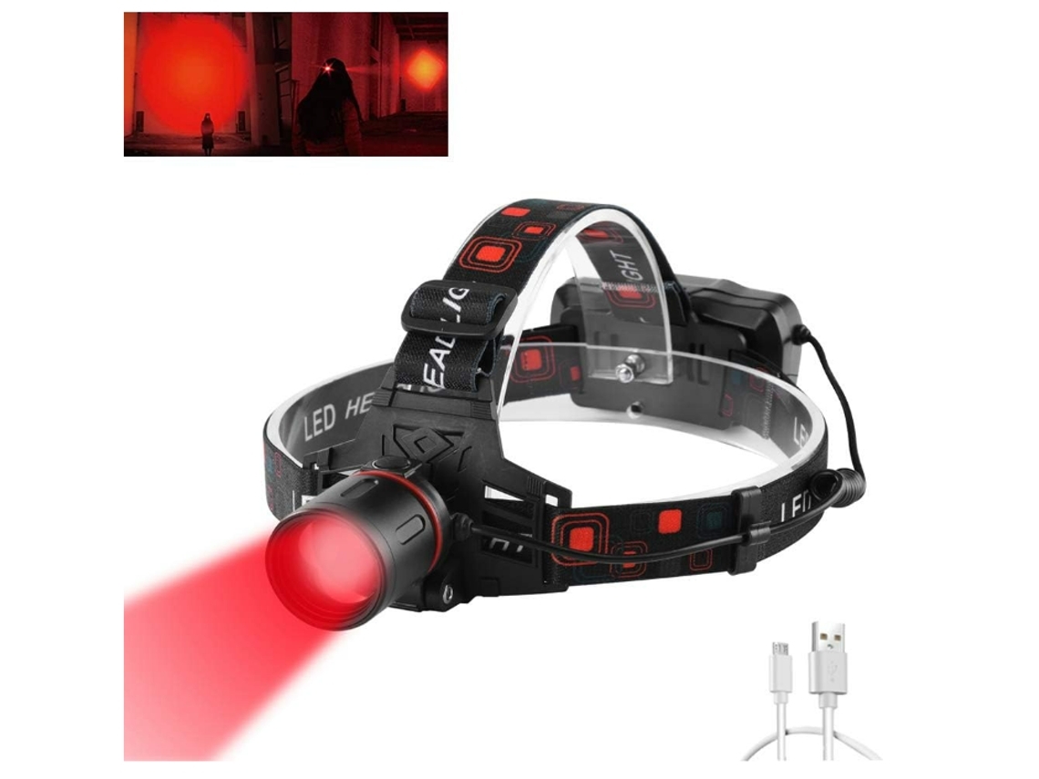 Linterna frontal recargable Linterna frontal LED con luz roja Linterna frontal de caza Linterna frontal con zoom de haz rojo 3 modos Negro YEMAESRE
