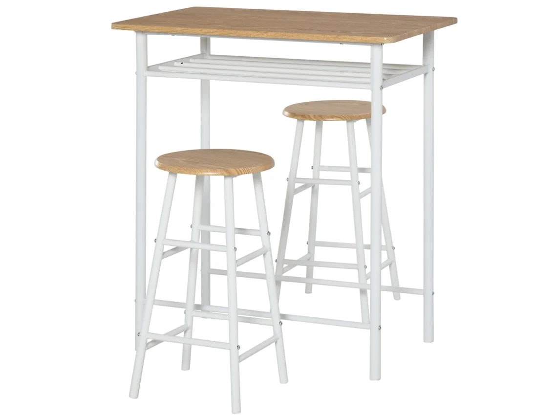 Mesa de bar de 3 piezas con estante, roble blanco.