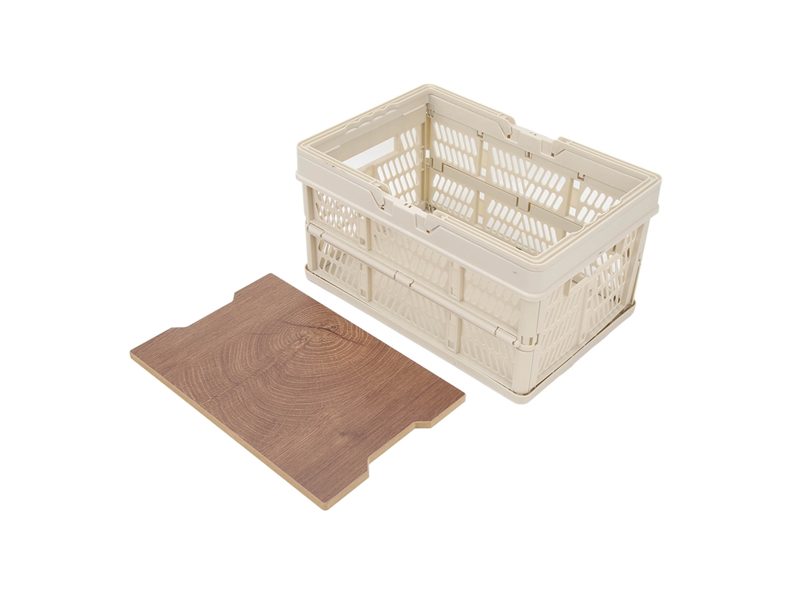 Cesta De Camping Plegable De Gran Capacidad Con Tabla De Madera Multifuncional, Gris Y Blanco, Tamaño Mediano.