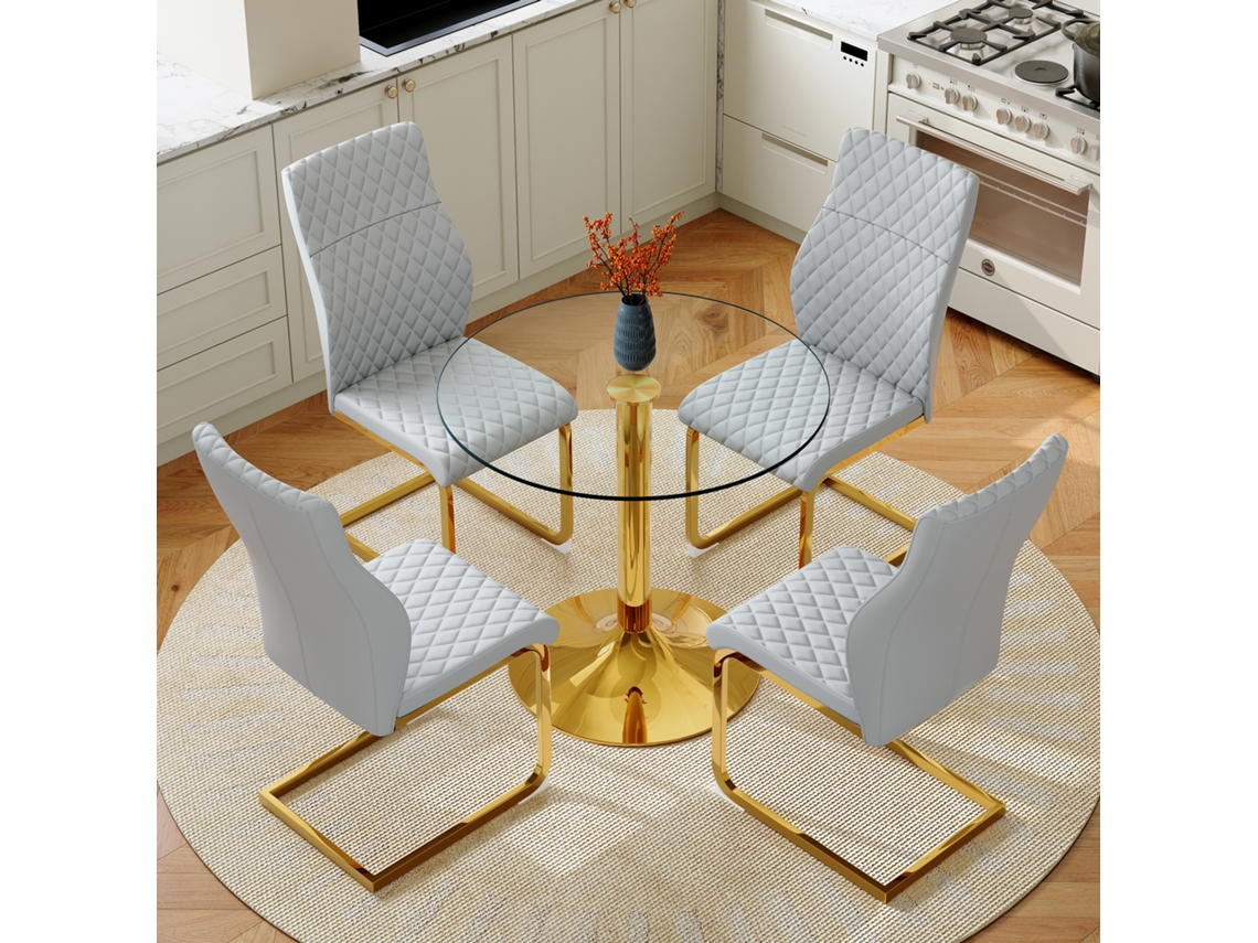 Mesa De Cristal De 85 Cm Con Acabado Dorado Y 4 Sillas En Gris Claro Y Dorado.