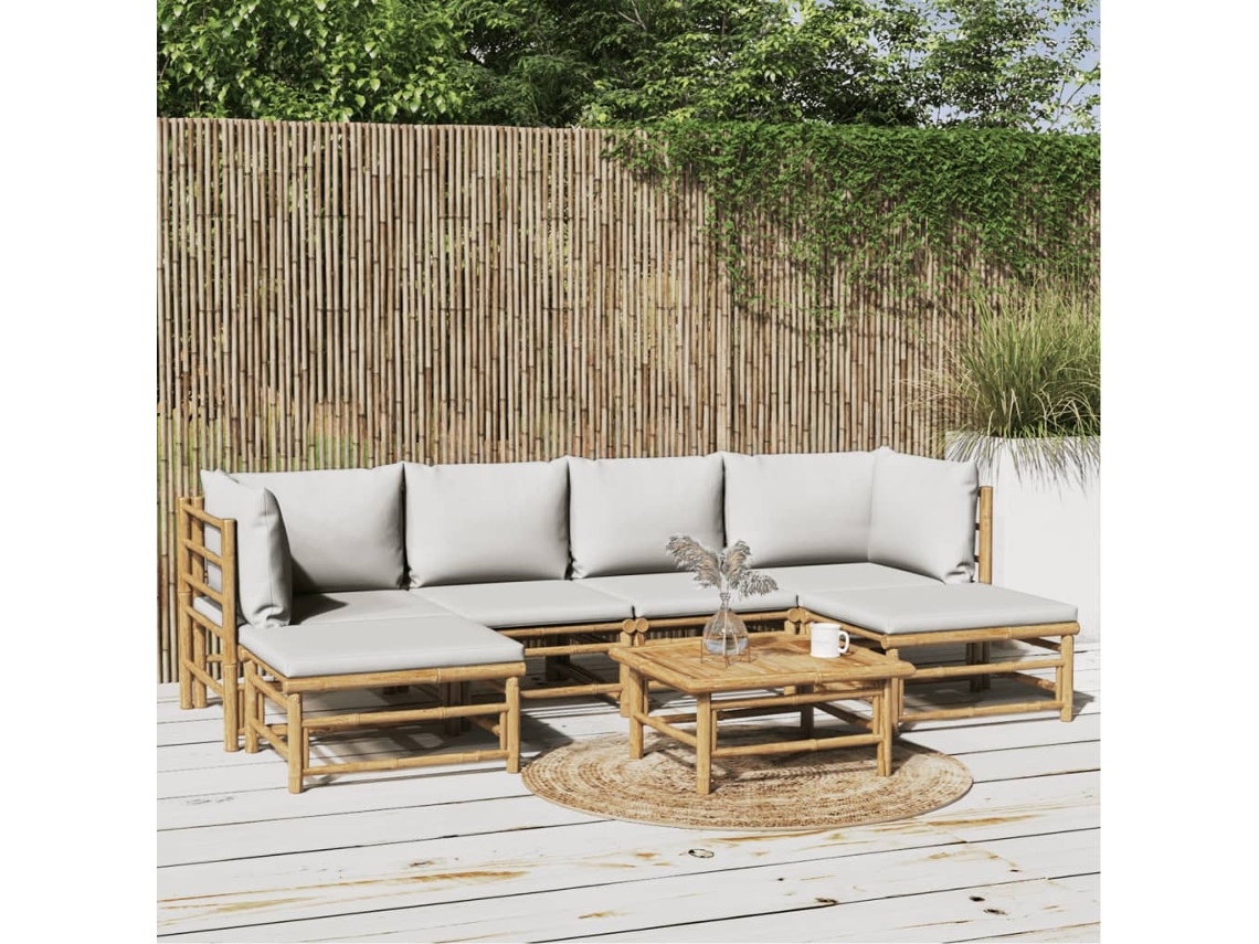 Conjunto de jardín de bambú de 7 piezas con cojines gris claro DKD Home Decor