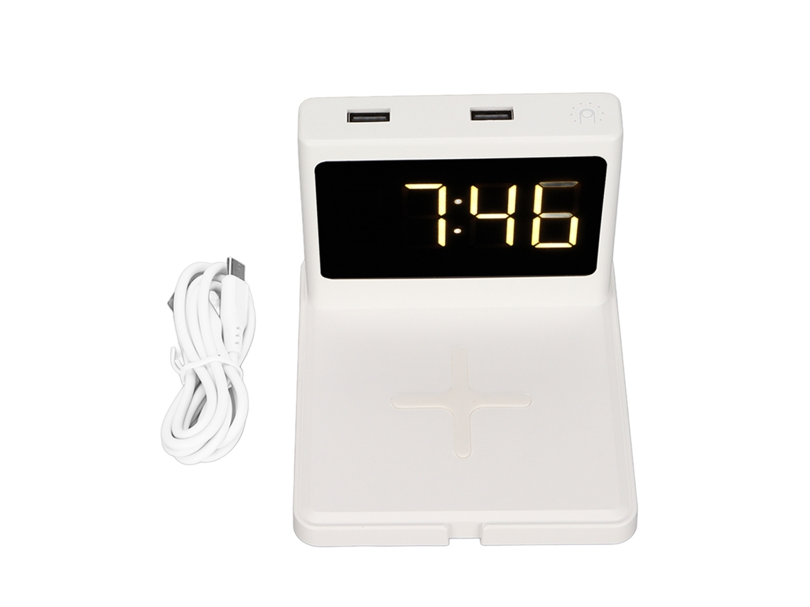 Carregador Sem Fio 3 Em 1 Relógio Despertador Digital Com Botão Soneca Para Celular Tablet Mini Ventilador Branco