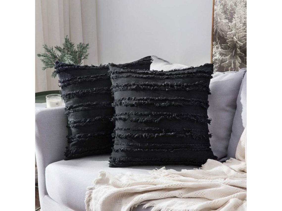 2026-41208-2 Fundas De Almohada Decorativas Boho De Lino Estampado Jacquard Para Sofá Sala 45x45 Cm Negro