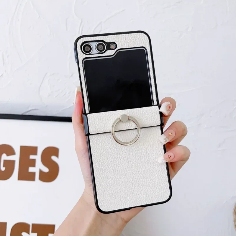 (blanco, Galaxy Z Flip7) Funda Plegable De Cuero Con Textura De Lichi, Resistente A Caídas, Soporte De Anillo De 360°