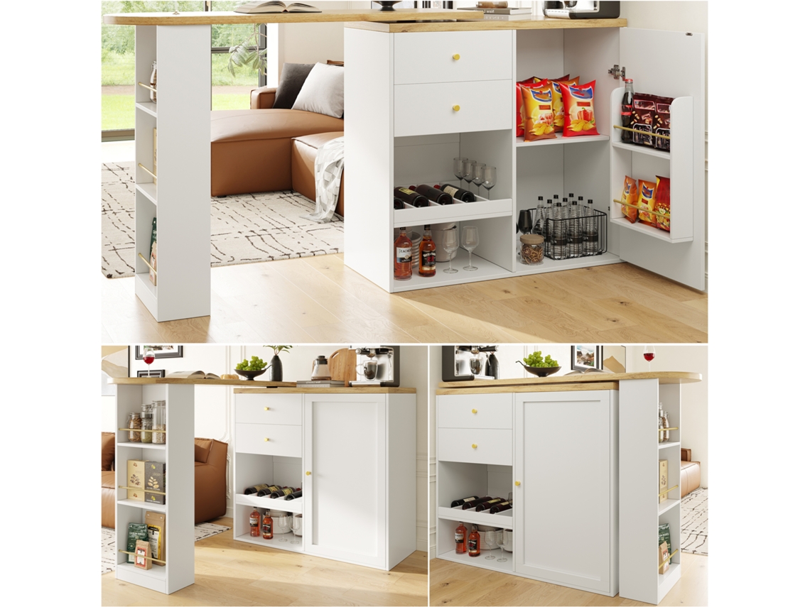 Mesa De Bar Giratoria 105x39x102 Cm - Con 2 Cajones Y Armario Con Puerta Corredera, 3 Niveles De Almacenamiento Abierto - Blanca