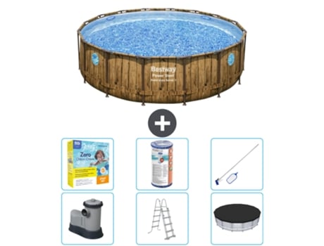 Piscina BESTWAY Round Power Steel Swim Vista - Impresión en madera - 488 x 122 - Incluye bomba - Escalera - Cubierta Accesorios CB36