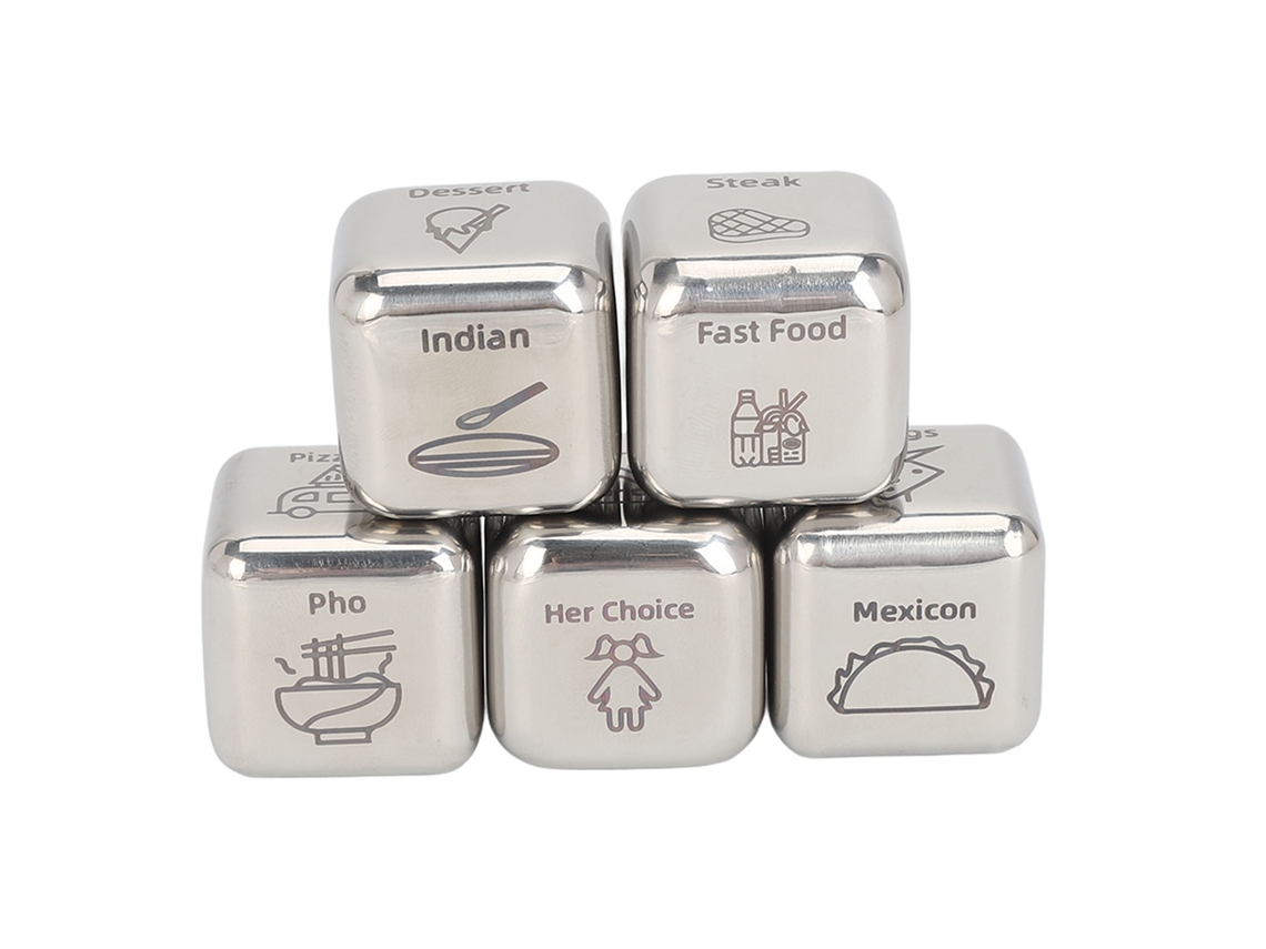 5 dados divertidos de acero inoxidable para la cena, portátiles, ideales para tomar decisiones sobre la comida, regalo de San Valentín o cumpleaños.