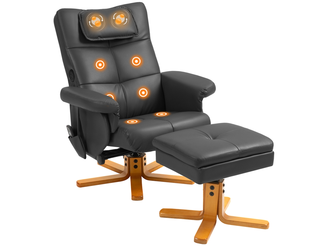 Sillón de masaje con reposapiés, respaldo ajustable, puerto de carga USB, aspecto de piel, soporta hasta 150 kg, color negro.