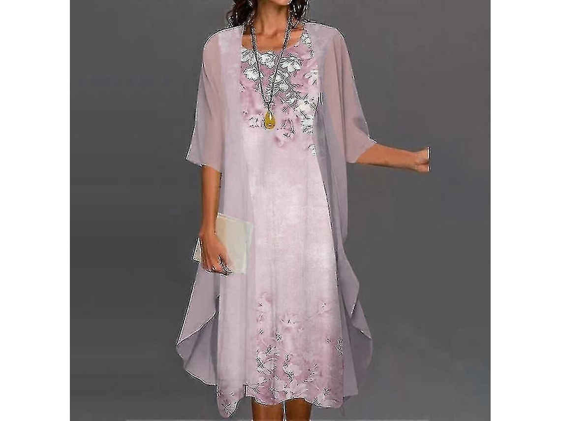 Vestido Boho Mujer Con Cardigan Estampado Floral Casual De Dos Piezas Rosa 2xl