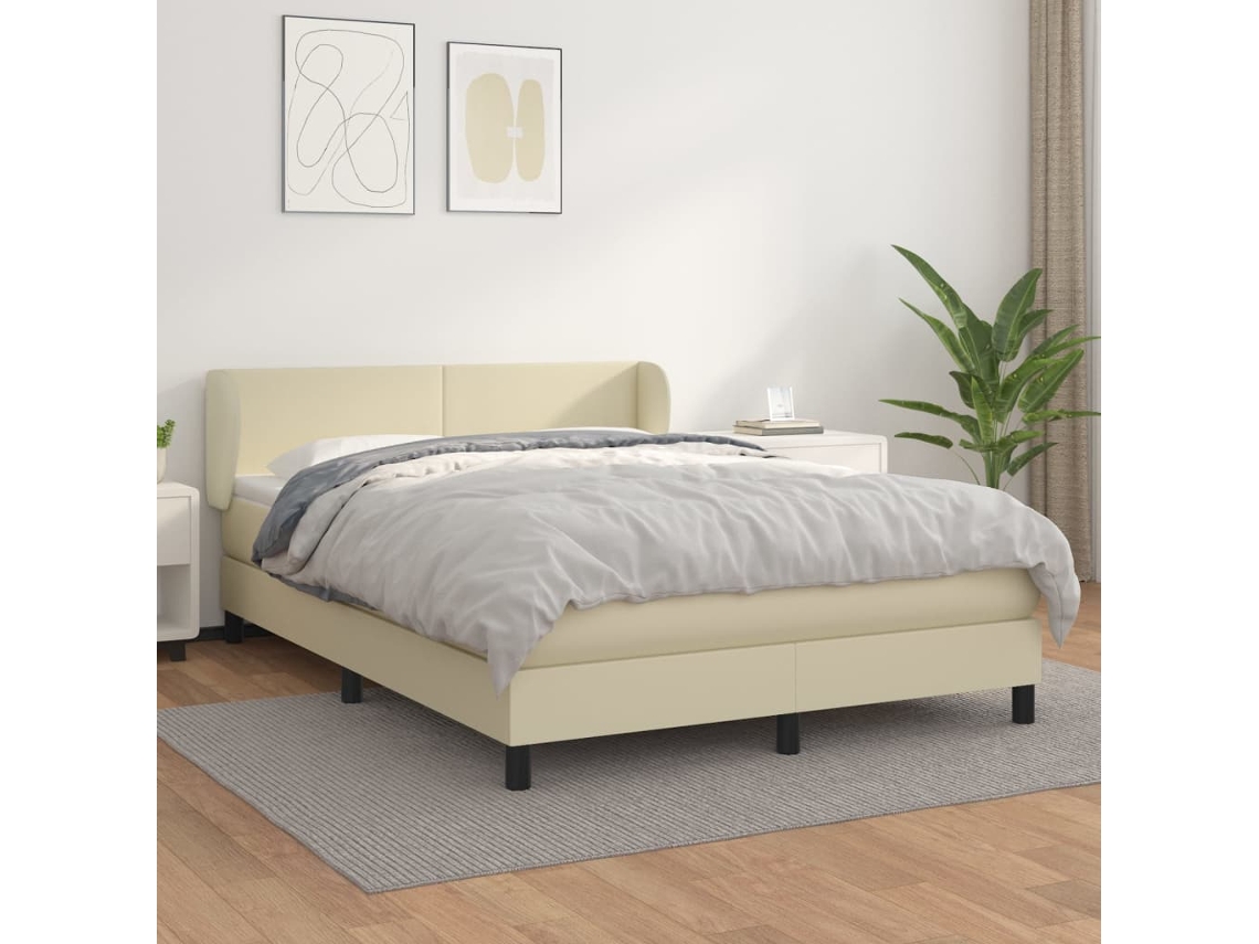 Syfax™ Cama Box Spring Con Colchón Cuero Sintético Crema 140x190 Cm