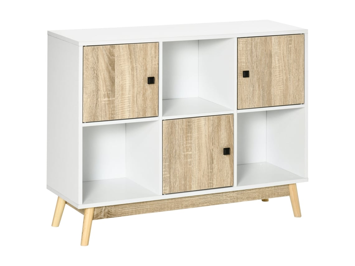 VPMKP - Aparador Homcom con 9 nichos, 3 puertas, 3 compartimentos abiertos, patas de pino, moderno, 96x30x75 cm, blanco/natural | S/MARCA