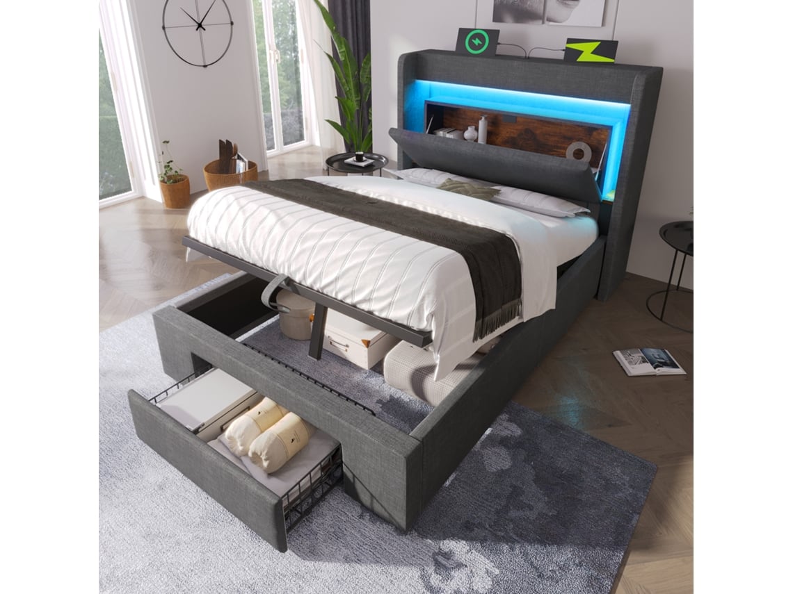 Cama Con Almacenamiento De Lino Gris De 90x200 Cm, Led, Usb C, Elevador Hidráulico
