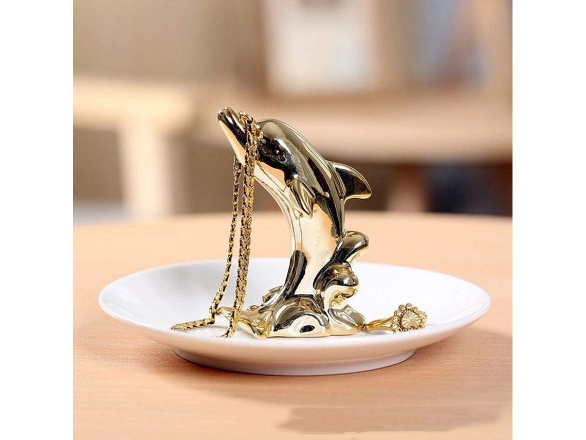 Taza De Joyería Cerámica Delfín Oro - Porta Anillos Y Joyas Para Colgantes Y Pendientes