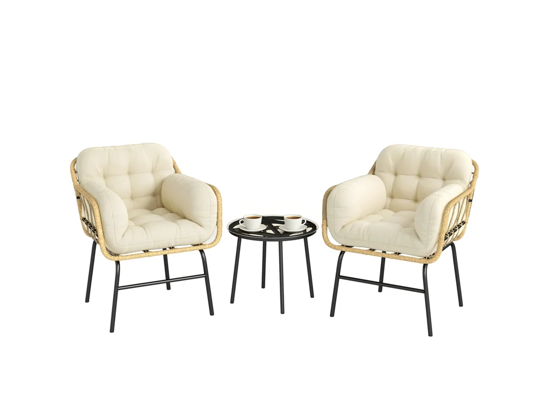Conjunto de muebles de jardín de 3 piezas, resina trenzada, mesa de cristal y sillas.
