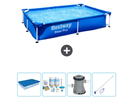 Piscina BESTWAY Rectangular Steel Pro - 221 x 150 x 43 cm - Azul - Incluida Cubrir - Paquete de mantenimiento - Bomba - kit de limpieza