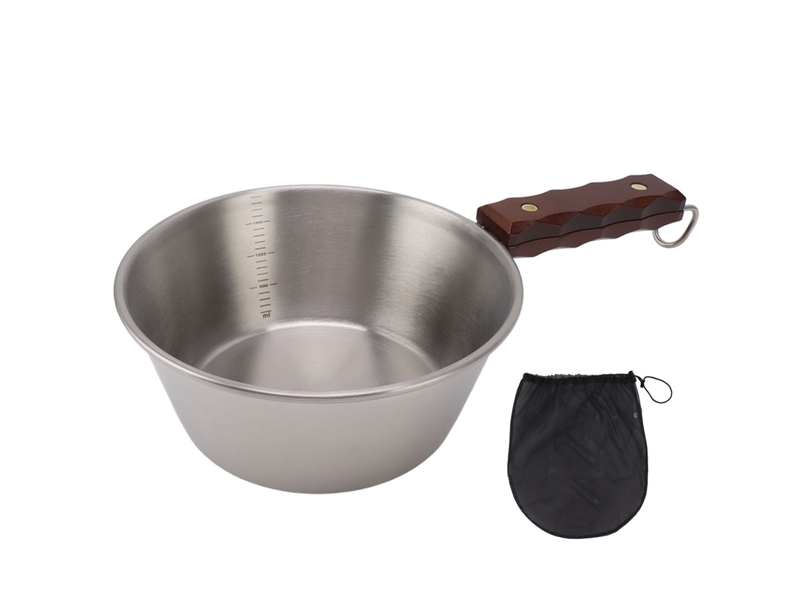 Sartén De Camping, Acero Inoxidable 304, 2000 Ml, Mango De Madera, Portátil Para Camping Y Picnics.