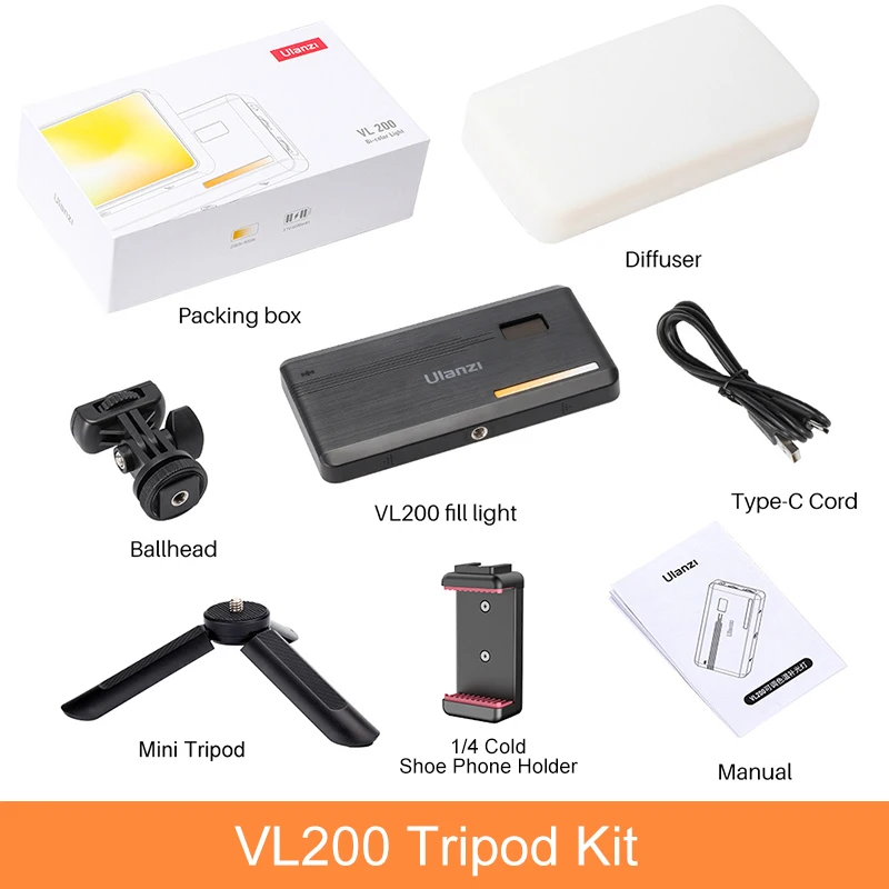 Kit de luz LED ajustable para cámara VL200 2500k-9000k con trípode, soporte para teléfono celular y difusor suave, Kit 1