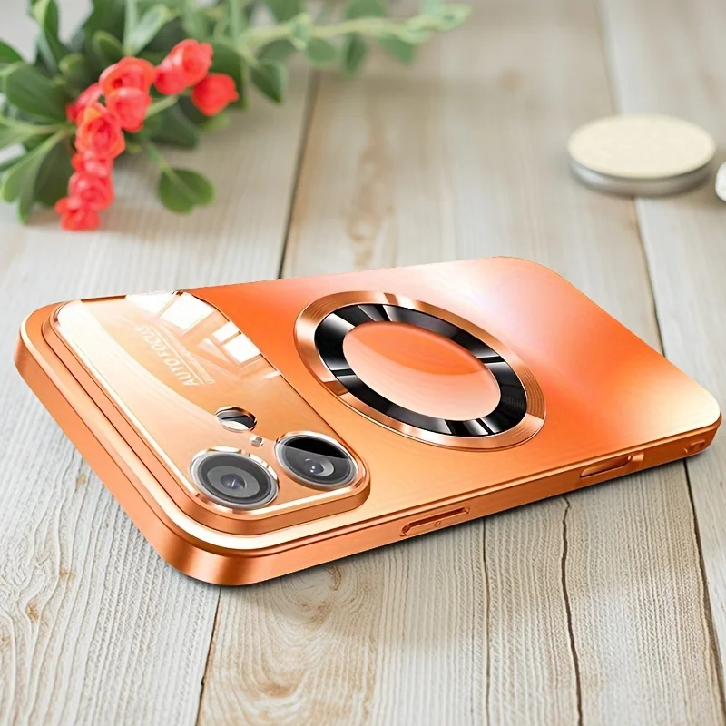 (iphone 13 Pro Max Naranja) Funda Magnética Magsafe De Titanio Mate Con Protector De Lente